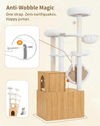 Heybly Cat Tree with Litter Box Enclosure, Modern 64" Hidden Tower HCT105BT | All-in-One Solid Wood Cat Condo for Indoor Cats with Paw-Shaped Board, Multi-Level Perch & Playzone, White Oak