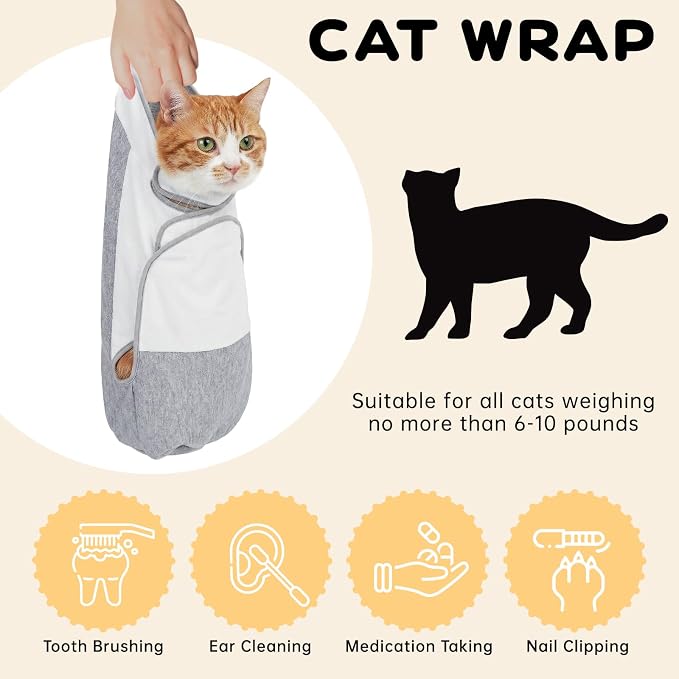 Cat Grooming Wrap, Self Adhesive Cats Anti-Escape Wrap, (6-10lbs) | Anti-Scratch Burrito Restraint Blanket, for Cutting Nails, Calming Cat Swaddle Wrap for Medicine Ear Cleaning, Dental Care