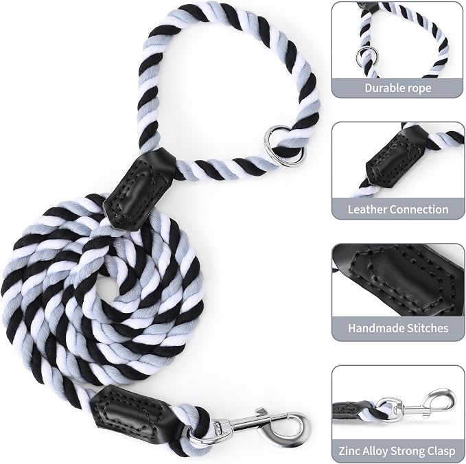 Mile High Life Rainbow Dog Leash Braided Cotton Rope w Leather-Wrapped Ends | Rust-proof 360° swivel clasp, Heavy-duty for medium/large breeds. Great for weddings, daily walks (4FT, 1/2", Black/Gray)