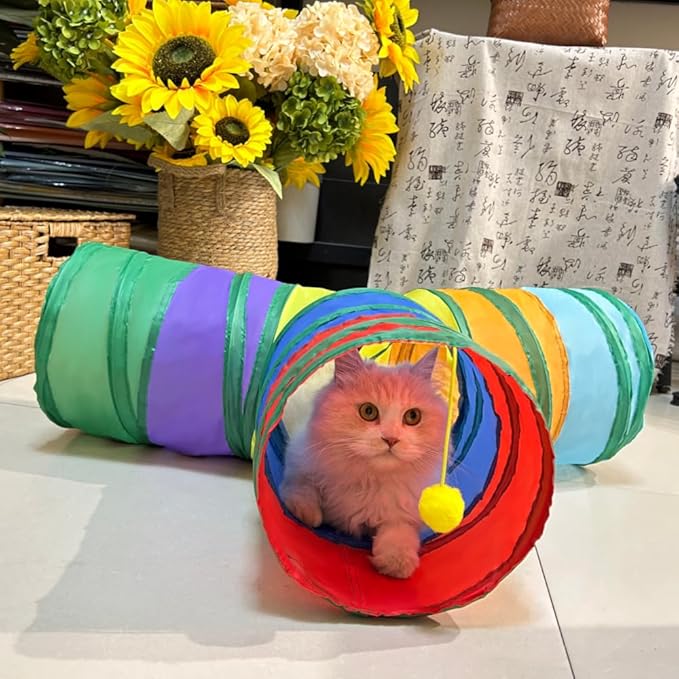 3-Way Collapsible Cat Tunnel Tube Toy Rainbow T-Shape | Interactive Play Tunnel with Hanging Ball & Peek Hole for Indoor Cats, Kittens, Puppies & Rabbits | Hours of Fun & Exercise