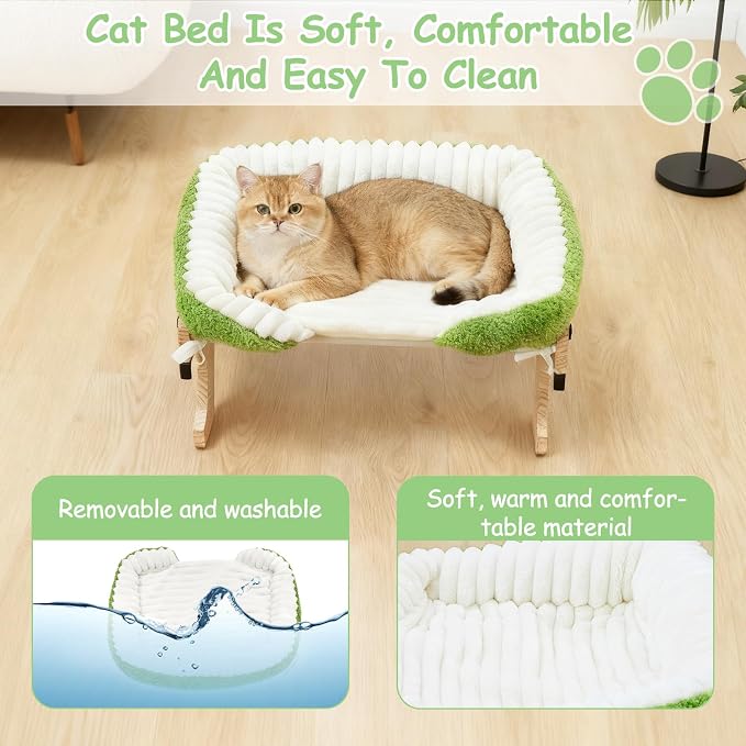 Wooden Cat Window Perch Bed, White and Green | Sturdy Wooden Frame, Removable Washable Cover, Window Sill Hanging, All Seasons Comfort