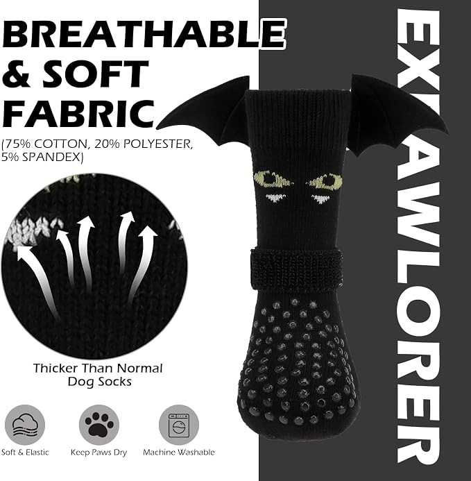 EXPAWLORER Halloween Anti Slip Dog Socks to Prevent Licking Paws, Boots & Paw Protectors with Grippers,Doggie Booties for Hardwood Floors for Small Medium Large Senior Dogs Costume Black Devil Wings L