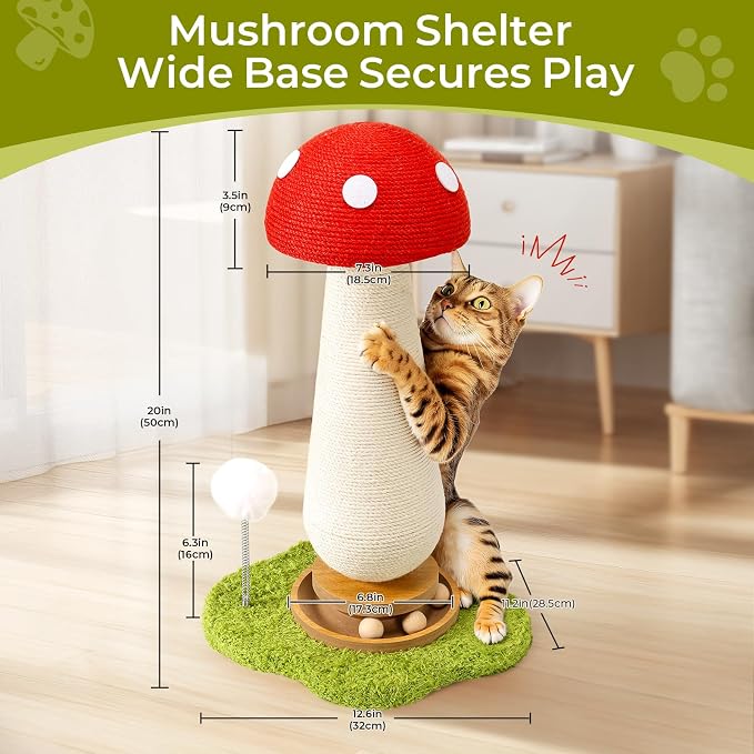 Cat Scratching Post, Mushroom Cat Scratcher with Interactive Ball Track Spring Ball Toys Cute Sisal Scratchers Post for Indoor Adults Kitten with Stable Base