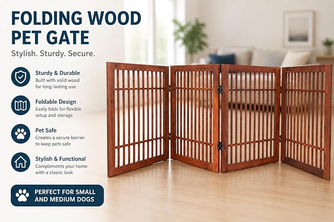 Urnporium Freestanding Wooden Dog Gate Foldable Indoor Pet Gate No Drill Expandable Barrier for Doorways Stairs Hallways Portable Wood Fence for Small Dogs & Puppies (Brown Pet Gate, 4 Panel 24" Tall)