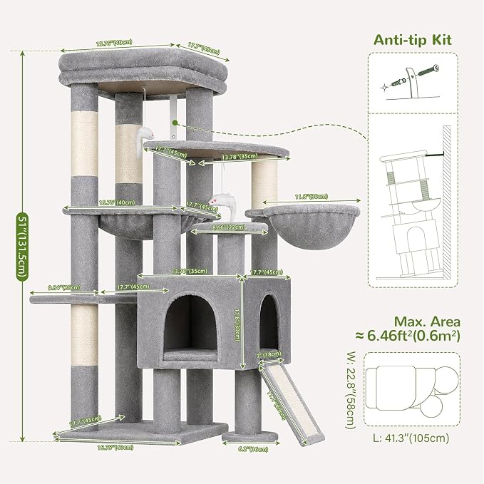 Globlazer S51 Sturdy Cat Tree for Indoor Large Cats, Light Grey | 51in Cat Tower with 4 Scratching Posts, Large Cat Tree with hammock for Cats Large Adult, Hanging Baskets, Top Perch