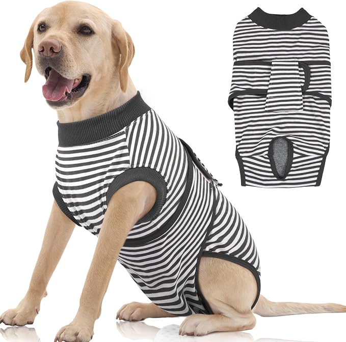 FUAMEY Dog Recovery Suit Male,Dogs Surgery Neuter Suits Puppy Spay Shirts for Female Protect Dog's Skin Anti Licking Abdominal Wounds Doggie Onesie Pet Bodysuit Alternative to Cone Gray Stripes XXL