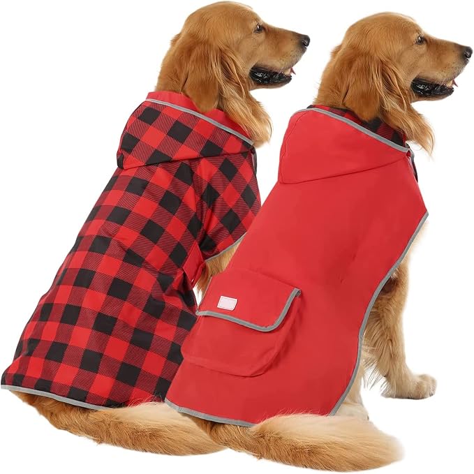 HDE Reversible Hooded Dog Raincoat Slicker Poncho for Small Medium Large Dogs - Buffalo Plaid/Red - 3XL - Nylon, Polyester