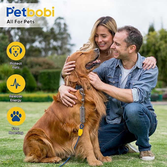 Petbobi Dog Tie Out Cable and Stake, 50ft Heavy Duty Dog Leads for Yard | 4in Shock Spring, 16in Spiral Ground Anchor, 360° No-Tangle Swivel, Chew-Proof Rustproof Wire, Up to 120 lbs, Outdoor Camping