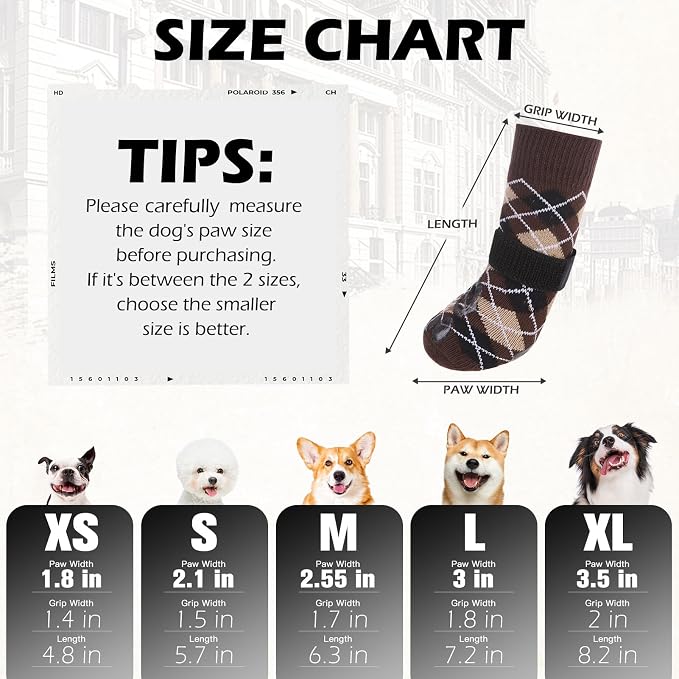 EXPAWLORER Dog Socks to Prevent Licking Paws,Anti Slip Dog Shoes for Hot Pavement,Dog Booties for Hardwood Floors,Dogs Boots & Paw Protectors for Small Medium Large Senior Dogs,British Style,Brown XL