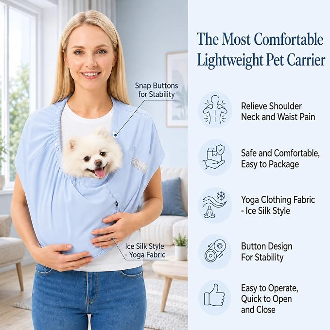 Ice Silk Dog Sling Carrier, Adjustable Safety Strap | Breathable & lightweight, fits pets up to 10 lbs,Secure buckle closure, hands-free design,Great for daily walks & travel,Blue