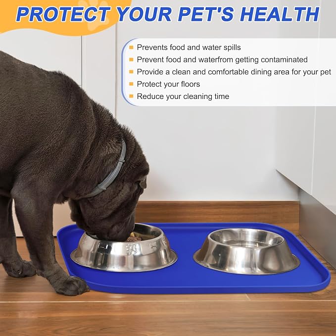 SMILOOL Silicone Pet Food Mat with Raised Edge for Food and Water Bowl, Dog Feeding Mats, Cat Food Trays for Floor Waterproof, Rubber Tray for Dogs and Cats, 22 x 14 x 0.8 Navy Blue