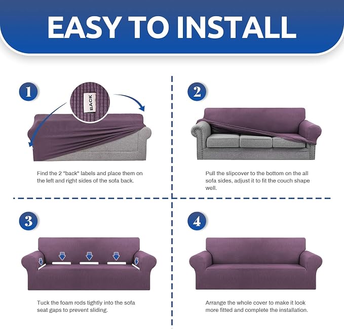 Stretch Couch Covers for Sofa, 3 Cushion Couch Slipcover,Dark Purple | 1-Piece Washable Sofa Cover Pet Friendly(78"-94") Furniture Protector Soft Jacquard, Elastic Bottom for Dogs & Kids