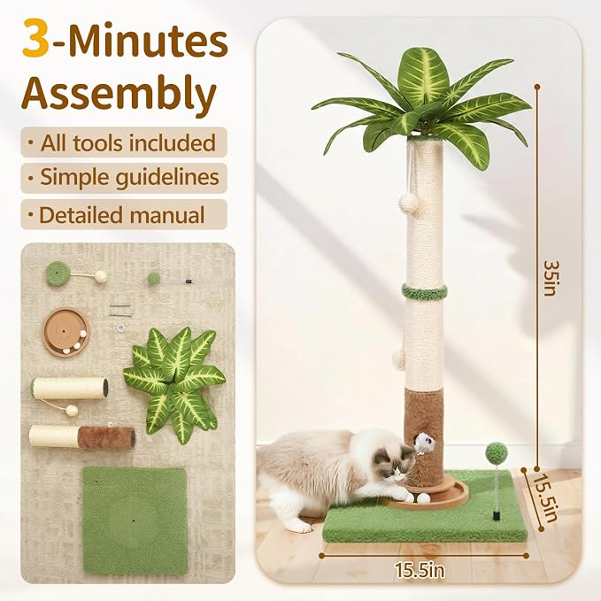 35" Tall Palm Tree Cat Scratching Post Vertical for Indoor Cats | Vertical Pole Post for Indoor Cat
