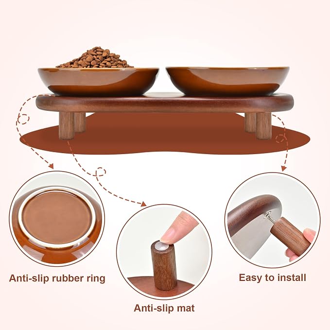 SPUNKYJUNKY Extra Wide Elevated Ceramic Cat Bowl with Acacia Wood Stand Whisker Friendly (Cat Paw Pattern, Brown)