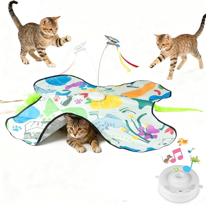 Interactive Cat Toys Rechargeable for 4 in 1 Hide and Seek Game, Moving Concealed Wand Feathers, Real Mouse Squeaky, Durable Exercise Toys for Indoor Cats for Bored Adult Cats Wand Toy