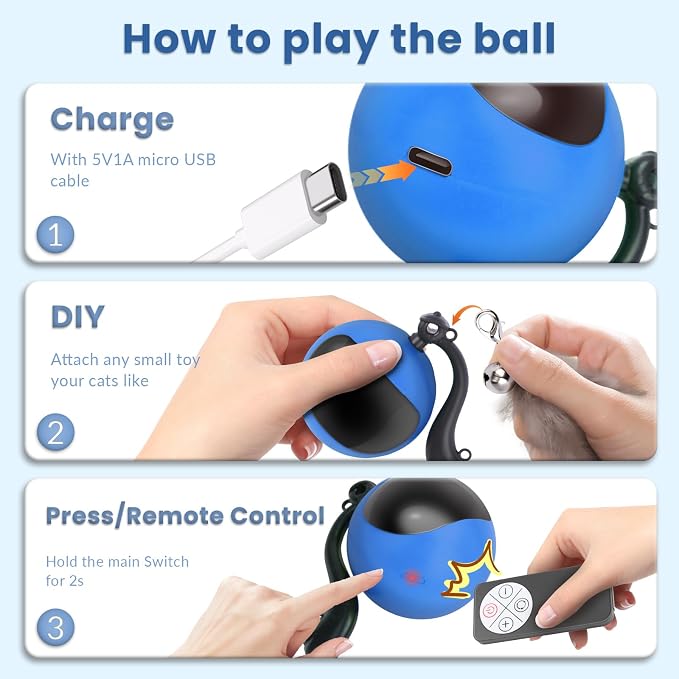 Interactive Cat Toy Ball, Automatic Self-Rolling Cat Toy with Feather Tail, Rechargeable Smart Cat Ball for Indoor Cats