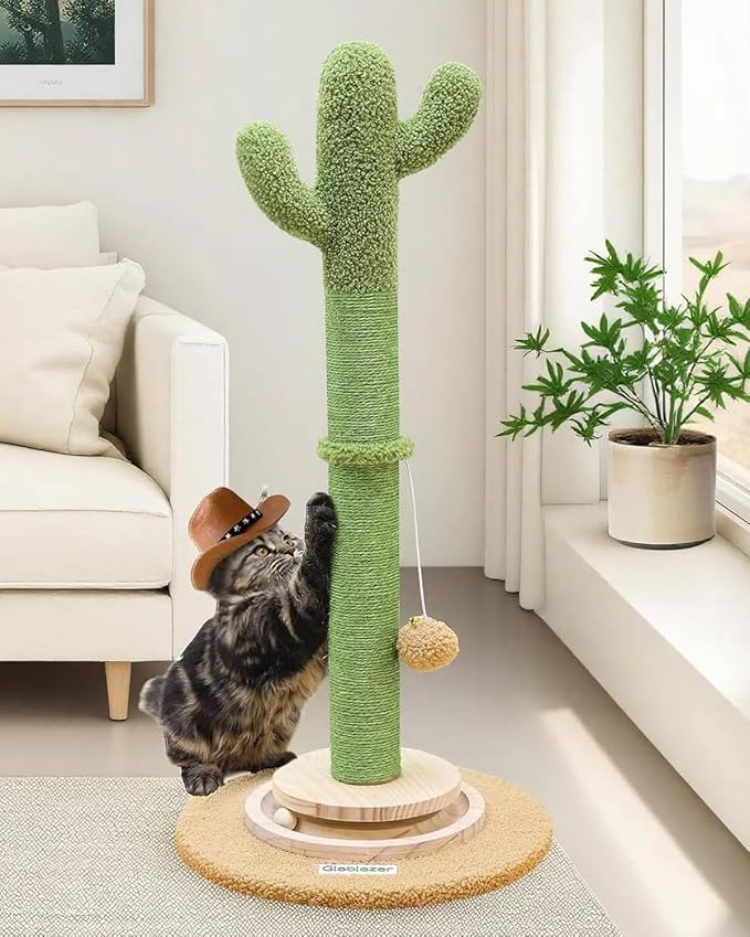 Globlzer 30in Cactus Cat Scratching Post for Indoor Cats, SC30, Green | Stable Cat Scratcher for Kitten Adult Cats, Durable Sisal Rope, Interactive Solid Wood Ball Game, Dangling Ball Toy