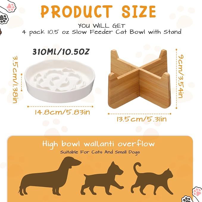4 Set Raised Slow Feeder Cat Bowl with Stand,Flower Style,White | 5.8'' Wide, Ceramic, Elevated, Shallow Slow Eating Cat Bowl, for Dry/wet Food, Beard Friendly, Dishwasher Safe