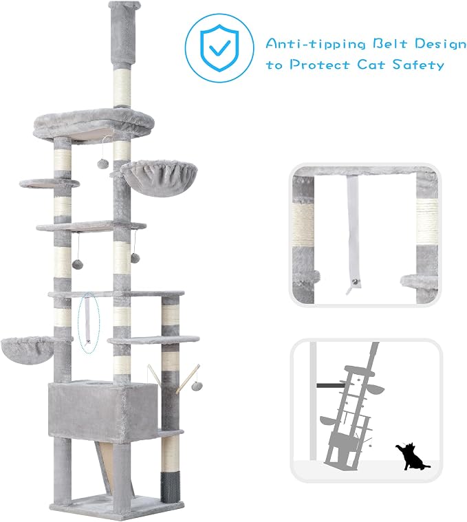 Hey-brother Cat Tree Tower, Adjustable Height, Floor to Ceiling, MPJ091W | 94.5-106.3 Inches Multi-Level Cat House, Scratching Posts, Plush Condo, Platform, Toy Ball for Indoor Big Cats, Light Gray