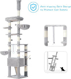 Hey-brother Cat Tree Tower, Adjustable Height, Floor to Ceiling, MPJ091W | 94.5-106.3 Inches Multi-Level Cat House, Scratching Posts, Plush Condo, Platform, Toy Ball for Indoor Big Cats, Light Gray