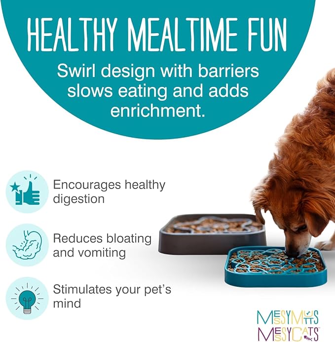 Messy Mutts Square Slow Feeder, 8 Inch, 2 Cup, Cool Grey | 8 x 8 Inch Square Silicone Puzzle Slow Feeder For Dogs And Cats, Holds 2 Cups, Dishwasher Safe