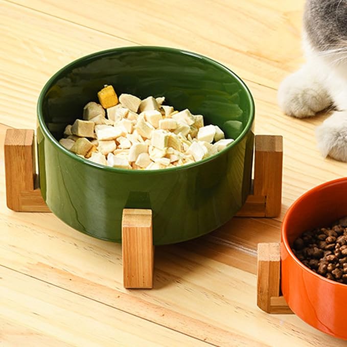 Petygooing Ceramic Dog Bowl Set with Stand, Cat & Dog Food and Water Bowls, Medium Size - Anti-Slip Set of 2 - 28 OZ /3.6 Cups - Rust Green