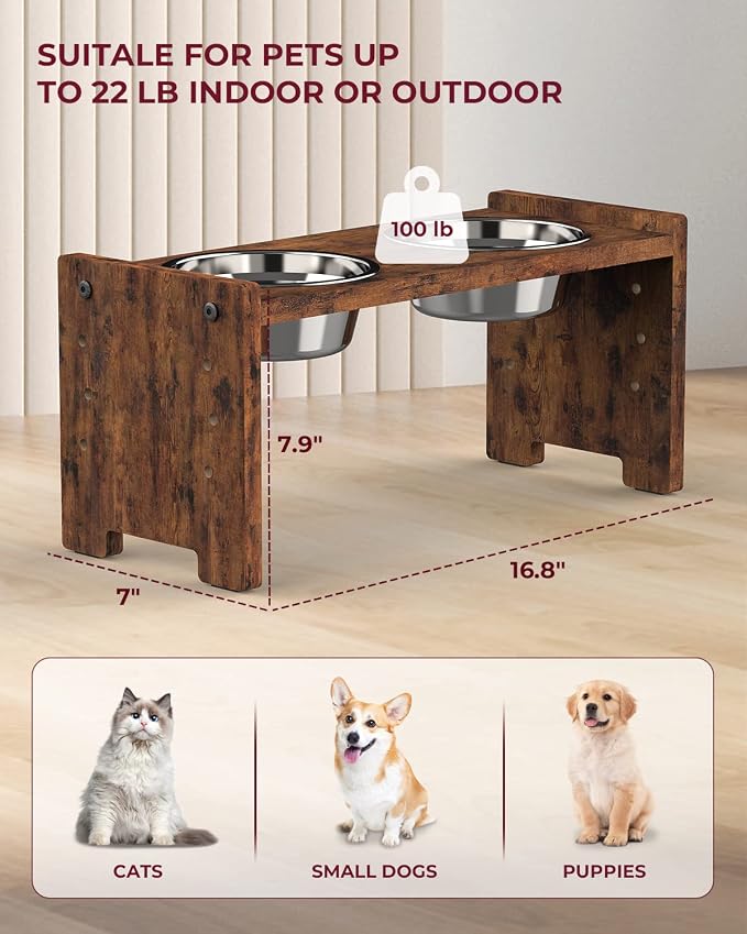 Vantic Elevated Dog Bowls, Raised Bowl Stand Adjustable Small, Rustic Brown | Particle Board Raised Feeder with 2 Stainless Steel Bowls, Adjustable Height for Small Puppies and Cats