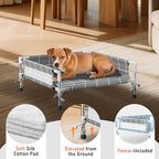 Elevated Dog Bed with Guardrail and Cushion, Raised Pet Bed for Small Dogs | 3-sided safety fence and soft cotton fabric. Anti-slip feet for stable indoor relaxation and outdoor activities