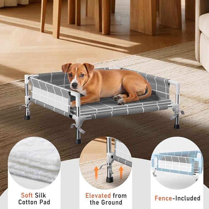 Elevated Dog Bed with Guardrail and Cushion, Raised Pet Bed for Small Dogs | 3-sided safety fence and soft cotton fabric. Anti-slip feet for stable indoor relaxation and outdoor activities