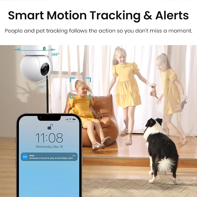aosu 2K Indoor Camera,Baby Monitor for Home Security with 2.4GHz WiFi only | 360° Home View,One-Touch Calls,Smart Motion Tracking,IR Night Vision & 24/7 Recording,Compatible with Alexa/Google