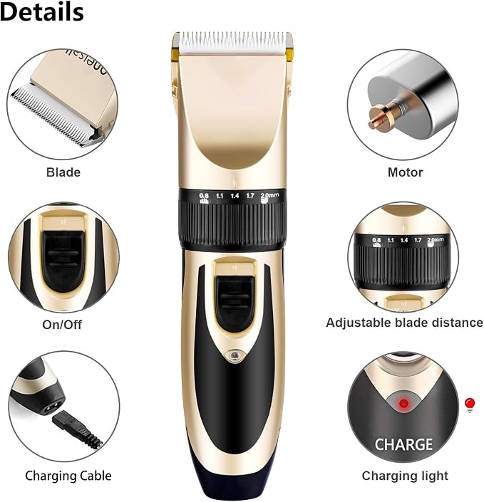 Highdas Dog Clippers for Grooming Low Noise, Cordless Electric Dog Grooming Kit Clippers Rechargeable, Quiet Dog Shaver, Pet Hair Trimmer Kit for Dogs & Cats (Gold)