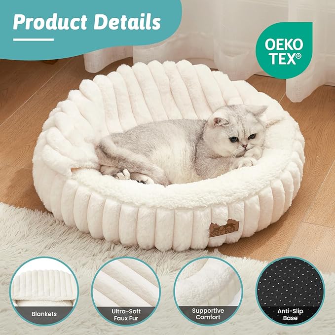 Cat Bed with Hooded Blanket, Round Fluffy Anti-Anxiety Pet Bed for Cats/Small Dogs, Cozy Donut Cuddler with Machine Washable Faux Fur & Anti-Slip Bottom(23"×23"×6",Cream)
