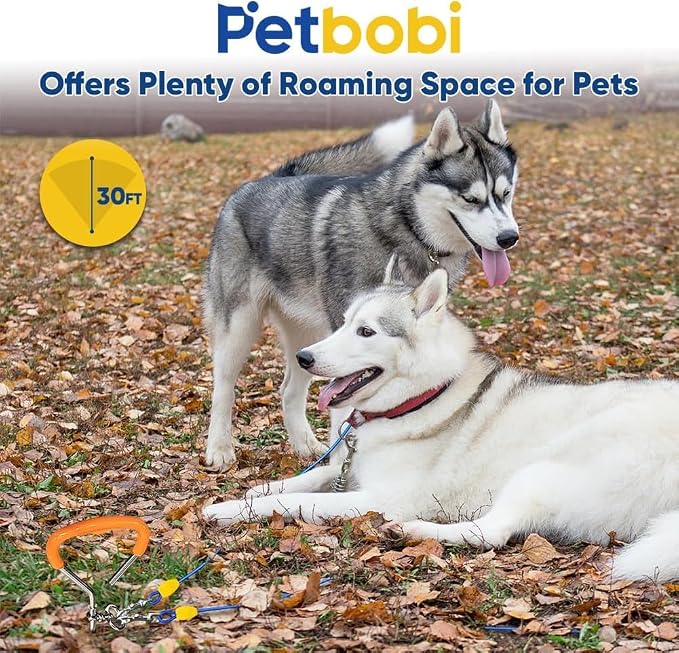 Petbobi Dog Tie Out Cable and Stake, 30ft Heavy Duty Dog Leads for Yard | 4in Shock Spring, 16in Spiral Ground Anchor, 360° No-Tangle Swivel, Chew-Proof Rustproof Wire, Up to 120 lbs, Outdoor Camping
