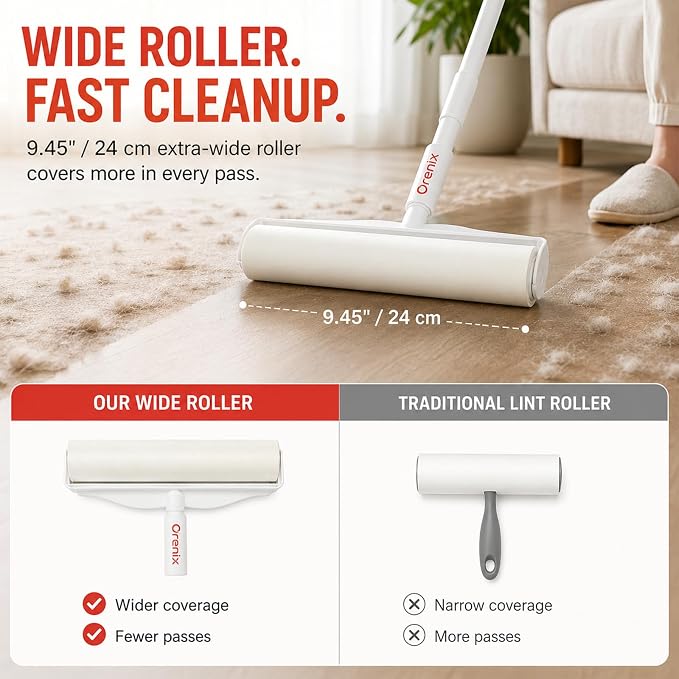 Large Lint Roller Pet Hair Remover, Long Handle Floor Roller, 4 Refills 400 Sheets | Switch from 8.7 in handheld control to 47.2 in reach for carpets, couches, cars, and narrow spaces under beds and sofas.