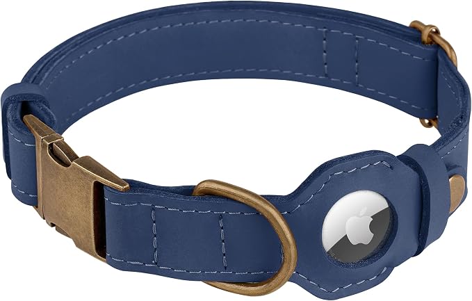 AirTag Dog Collar - Genuine Leather Dog Collar with Apple AirTag Holder and Metal Buckle - Smart GPS Tracking Pet Collars for Small Medium Large Dogs Puppy (Smoky Blue, S, 12"-15" Neck Fit)