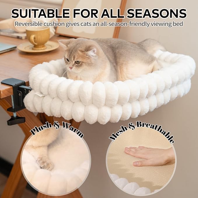 CHEERPALS Cloud Cat Bed Desk Mounted Hammock for Indoor Cats Perch Foldable | Reversible Mesh Warm Plush Mat, 90° Space Saving, Machine Washable Support Pet Bed for Kitty and Puppy(White, Large)