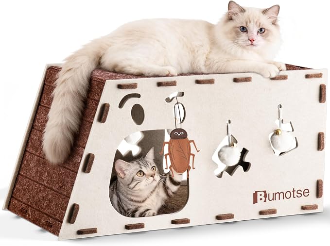 Cat Tunnel House for Indoor Cats, 3-in-1 Felt Cave and Scratcher | Fits 12–22 lb pets, reinforced top supports lounging, joins two units into a 47-inch play zone, includes two catnip bell toys