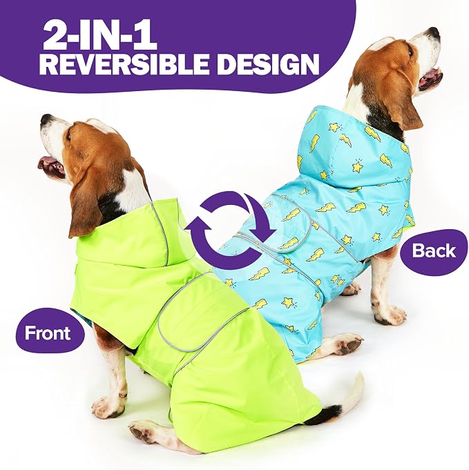 Kimee Dog Raincoat Reversible, Single Side Slicker Poncho Adjustable Waterproof Dog Rain Jacket with Leash Hole/Reflective Stripe Hooded Snowproof Windproof Clothes for Medium to 2X Large Dogs, L
