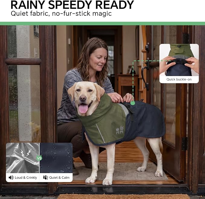 Luciphia Dog Raincoat, Adjustable Hooded Reflective Jacket with Pocket | Olive Navy Medium dog rain jacket with leash hole, buckle-on, non-stick fur. For daily walks.