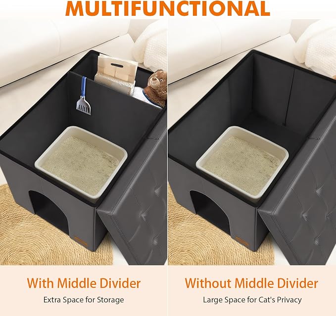 Cat Litter Box Enclosure Furniture for Odor Control,Hidden Cabinet Cat | Litter Box Furniture Ottoman With Flip-Up Lid,Cats Litter Box Bench With Storage Space，Dog Proof (Gray-Faux Leather,X-Large)