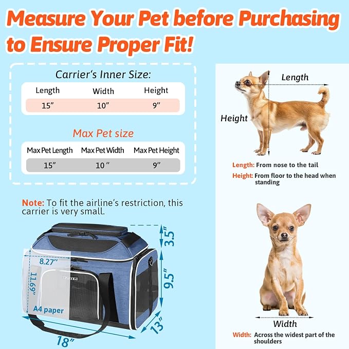 Petskd Top-Expandable Small Pet Carrier 18"x13"x9.5" Airline Approved | for Southwest Airlines, Lockable Safety Zippers and Anti-Scratch Mesh, Soft-Sided, Pets Under 10 Lbs, Blue