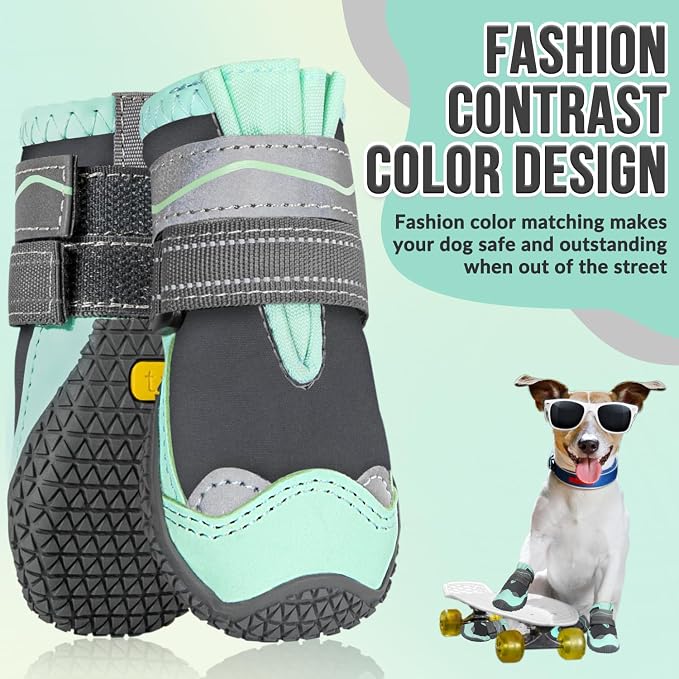 SlowTon Dog Shoes for Large Small Medium Dogs - Waterproof Dog Boots for Summer Hot Pavement, Paw Protector for Outdoor Walking Winter Snow, Anti-Slip Rubber Dog Booties for Hard Floor (Green Gray, 2)