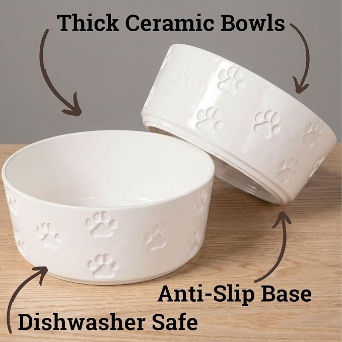 Ceramic Dog Bowl Set of 2 w/ Anti-Skid Base 6.5"W x 2.5"H, 3.8 Cup Capacity | Thick Ceramic, Dishwasher Safe, Anti-Skid Rubber Base, 3.8 Cups per Bowl, Ceramic Food & Water Bowls Set of 2 for Medium Dogs