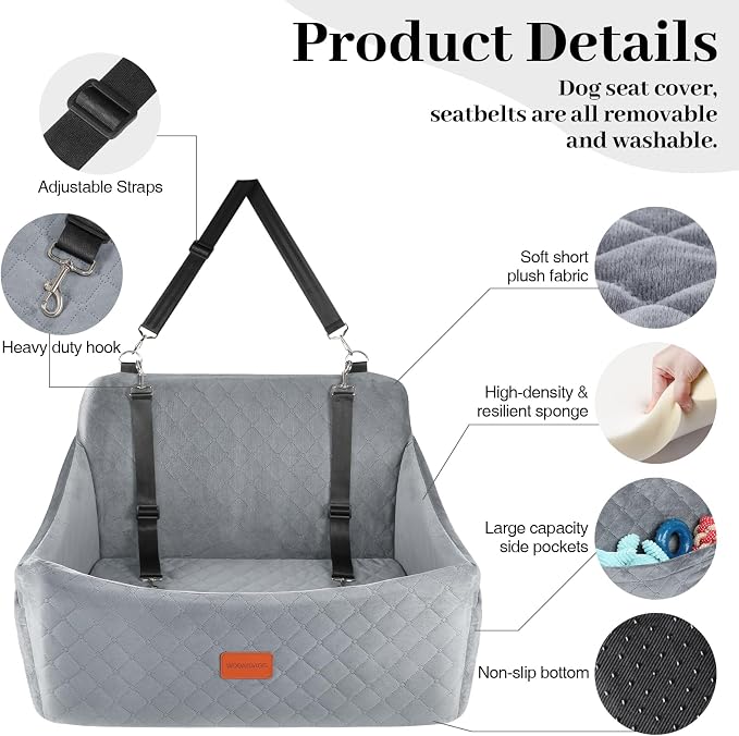 Wooaidagg Dog Car Seat for Medium & Large Dogs Up to 55lbs, Memory Foam Cushion, Washable Cover, Safety Straps & Non-Slip Base(Grey,Large)