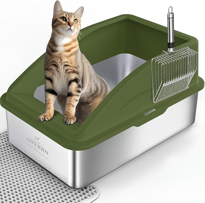 AIPERRO Stainless Steel Litter Box | XL Enclosed Cat Litter Boxes with Lid for Big Cats | High Sided, Anti-Urine Leakage | Non-Stick Bottom & Includes Litter Mat & Metal Scoop (Olive Green)