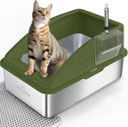 AIPERRO Stainless Steel Litter Box | XL Enclosed Cat Litter Boxes with Lid for Big Cats | High Sided, Anti-Urine Leakage | Non-Stick Bottom & Includes Litter Mat & Metal Scoop (Olive Green)