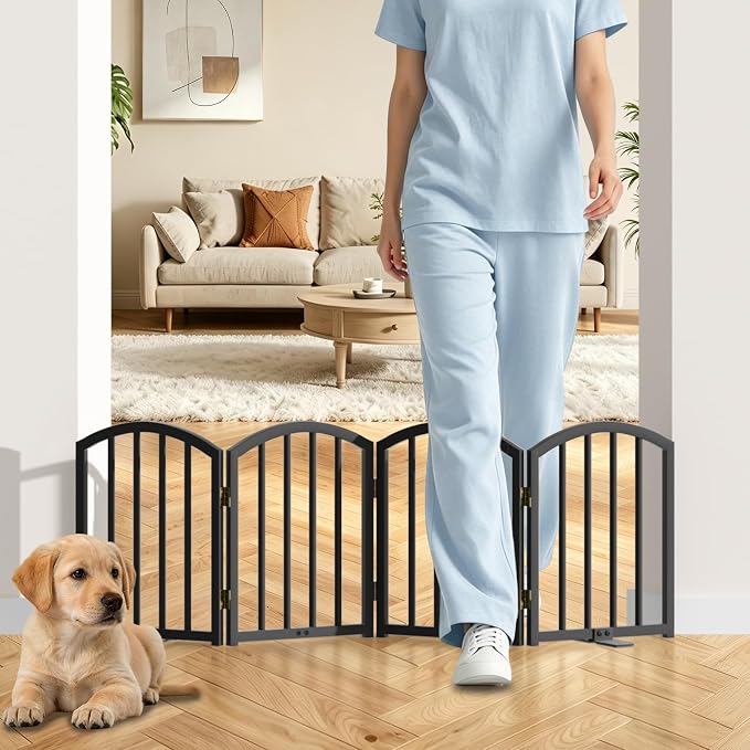 SNUOWU 16 Inch Full Metal Freestanding Short Dog Gate for Small Dogs, Foldable 4-Panel Pet Barrier, Expands Up to 48" Wide, Indoor Safety Fence for Doorway, Home & Stairs, Black