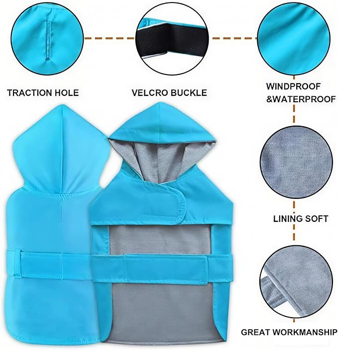 Dog Raincoat Dog Rain Jacket Hooded Poncho Waterproof Pet Rain Suit Double-Layered Breathable Lining Leash Hole Adjustable Puppy Small Medium Dogs,Blue,XXL,Back Length 15-17.5 inches