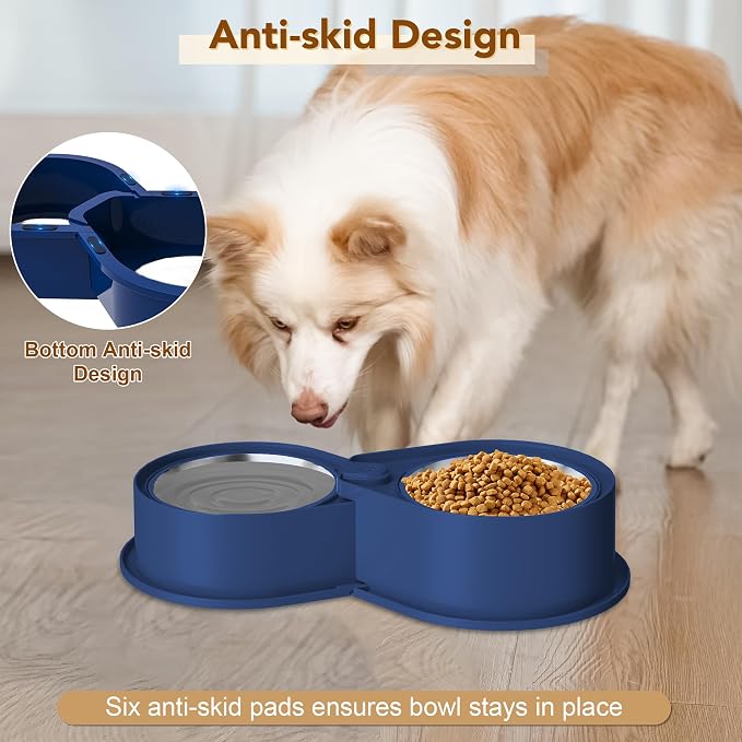 Newget 304 Stainless Steel Dog Bowl Set, 24oz Foldable Pet Dishes, Blue | Dual Food & Water Pet Bowl, Anti-Skid, Keeps Food Fresh, Easy to Install, for Small - Large Dogs/Cats - Indoor & Outdoor Use