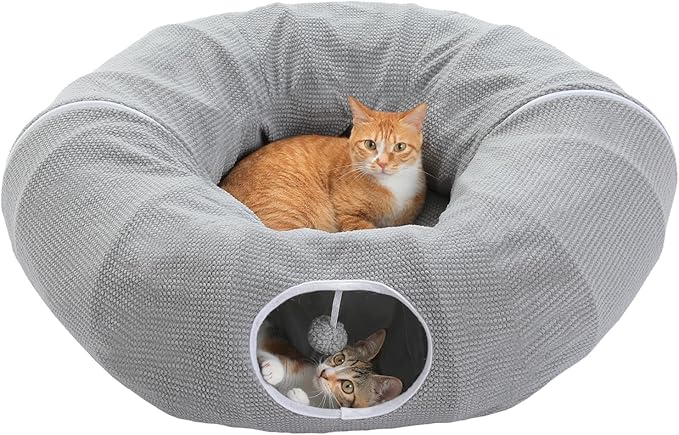 PEQULTI Grey Donut Cat Tunnel Bed Washable Plush Mat Multi for Small Pets | Round play tube with soft detachable plush mat, multi-pet toy fit indoor cats, kittens, puppies, rabbits and ferrets